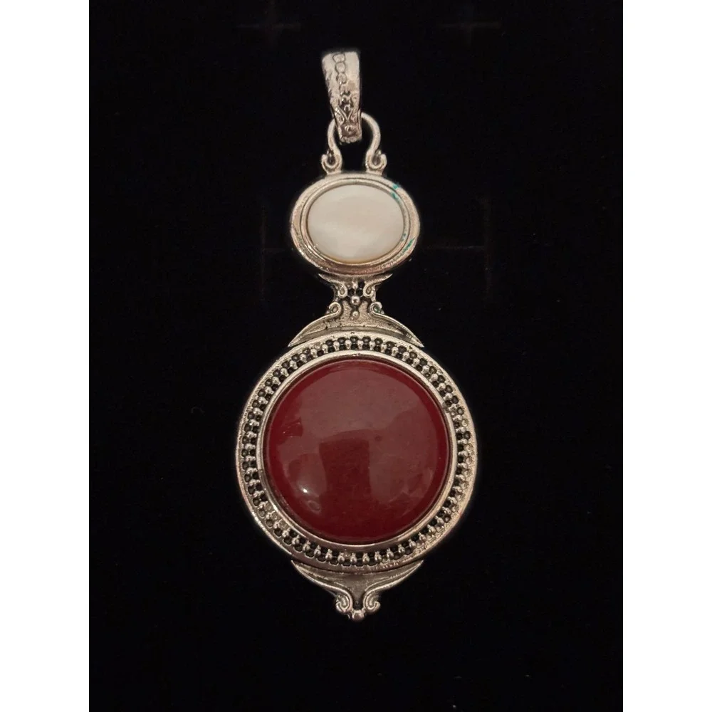 Lia Sophia Red Cabochon and White Stone Silver Tone Pendant Vintage Style